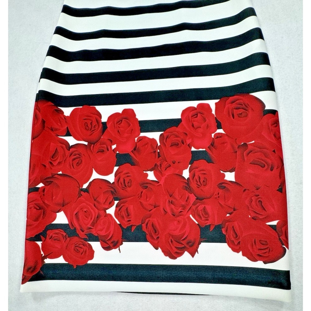Joseph Ribkoff Pencil Skirt Women 4 Black White Stripe Red Rose Floral Pull On - Picture 2 of 11